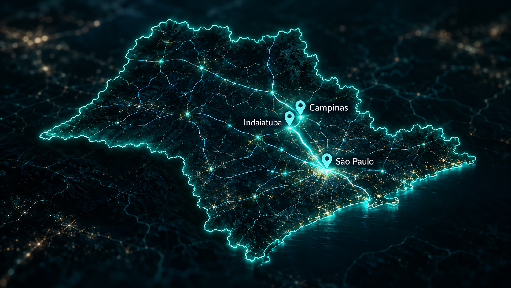 Mapa estilizado do Estado de São Paulo com Indaiatuba, Campinas e São Paulo